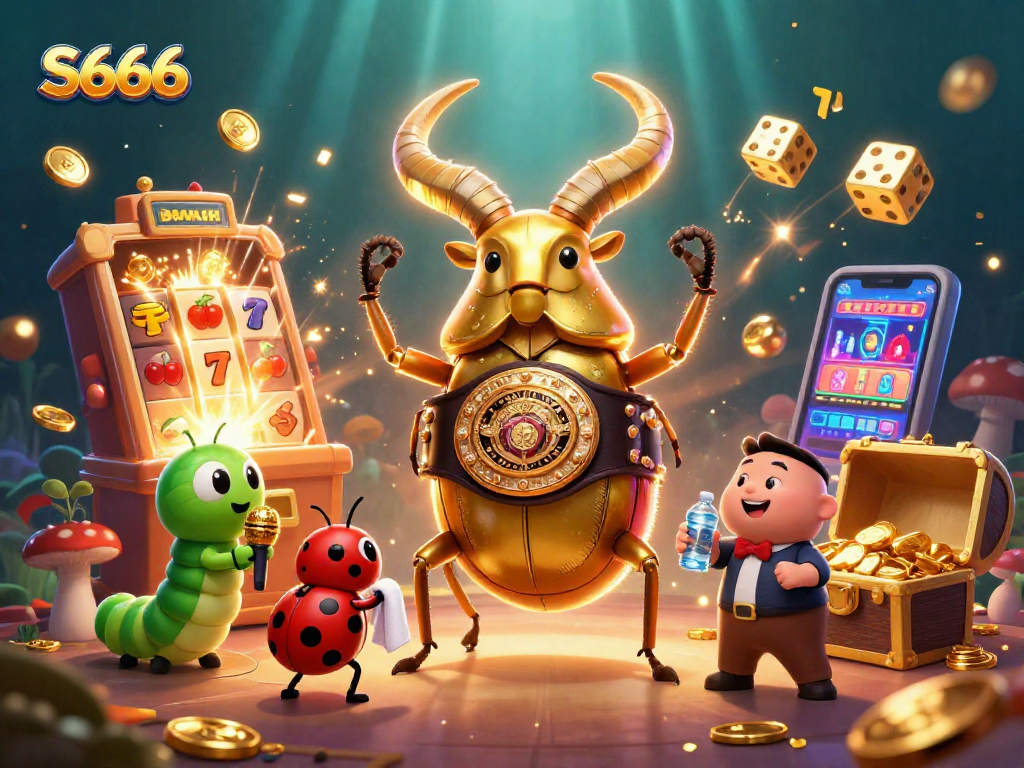 Win big with S666 as a golden beetle champions the jackpot in a vibrant casino scene.