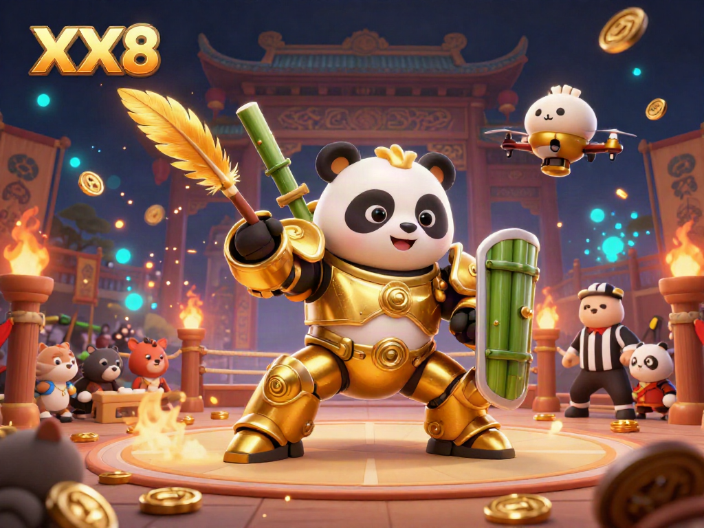Experience thrilling action at XX8's online arena, featuring a panda in a mech-suit battling in a vibrant gambling-themed setting.