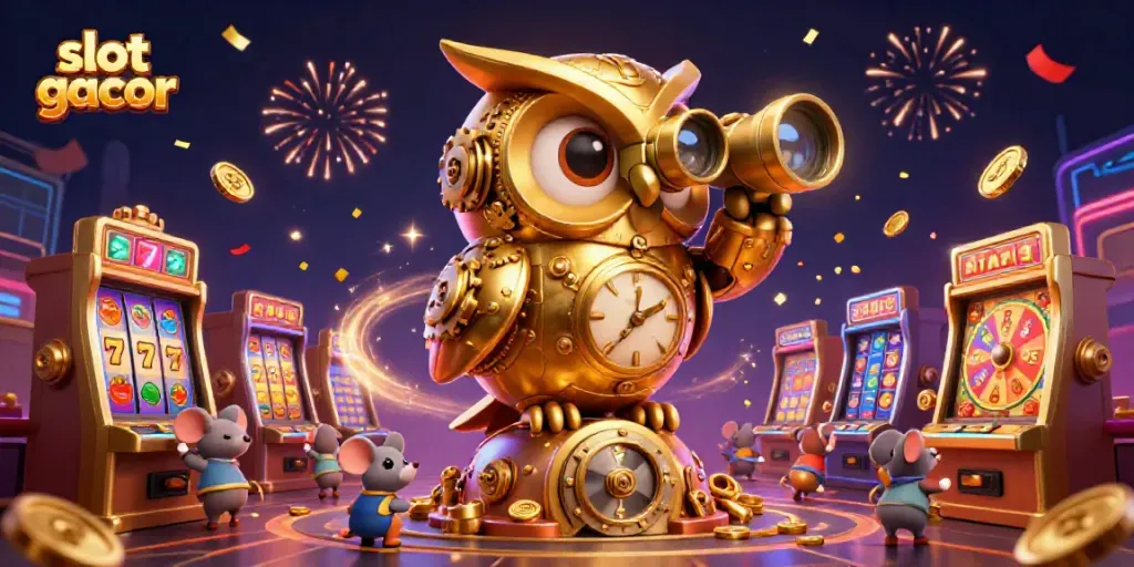 Slot gacor yang meriah dengan karakter unik dan simbol slot, penuh warna dan kebahagiaan.