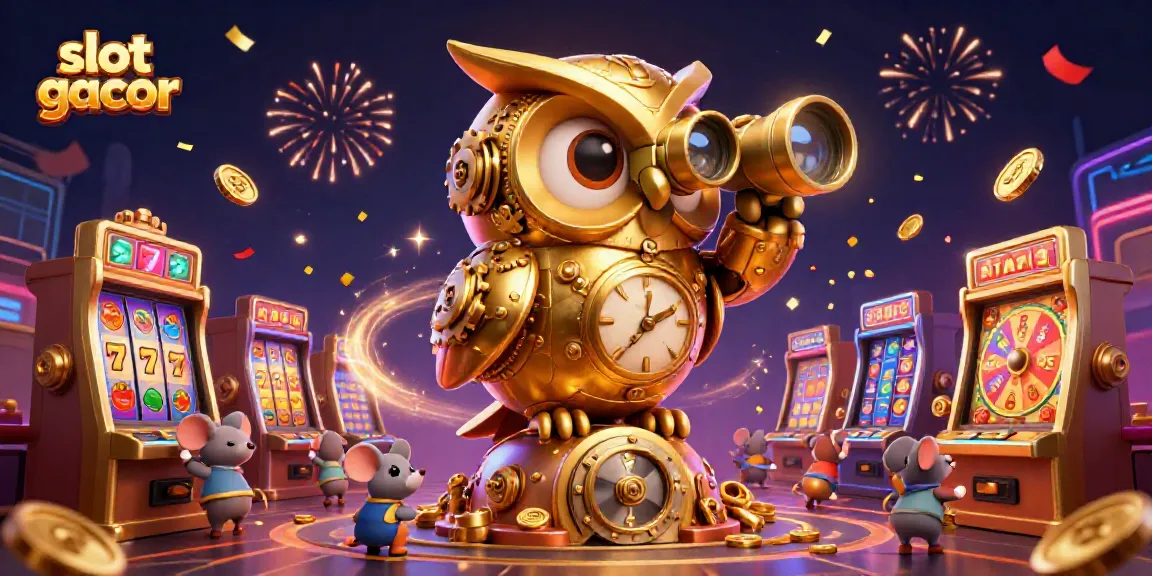 Slot gacor yang meriah dengan karakter unik dan simbol slot, penuh warna dan kebahagiaan.