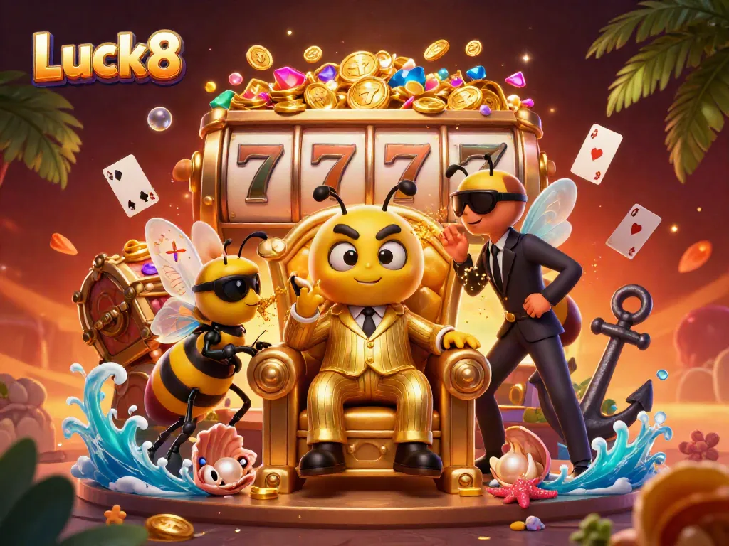 Luck8's dynamic vendor scene with vibrant slots, glimmering treasures, and lively cartoon characters.