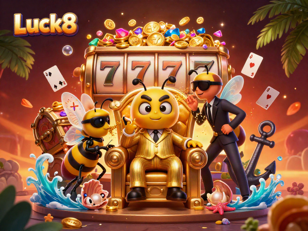 Luck8's dynamic vendor scene with vibrant slots, glimmering treasures, and lively cartoon characters.