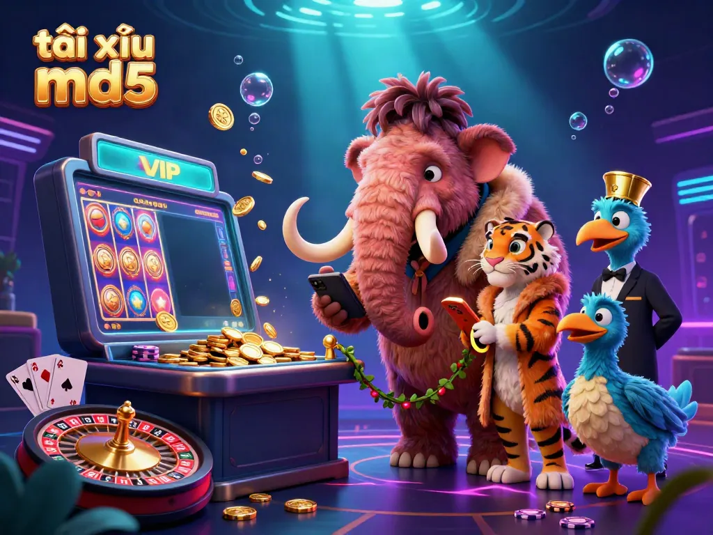 Engaging scene of tài xỉu md5 featuring a woolly mammoth bouncer and saber-tooth tiger VIP guest in a casino ambiance.