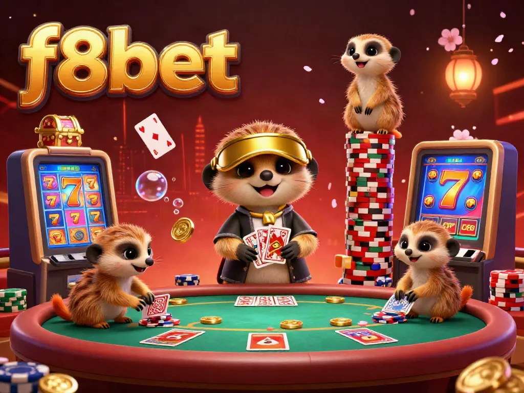 Engage with f8bet's vibrant casino experience featuring playful meerkats managing games.