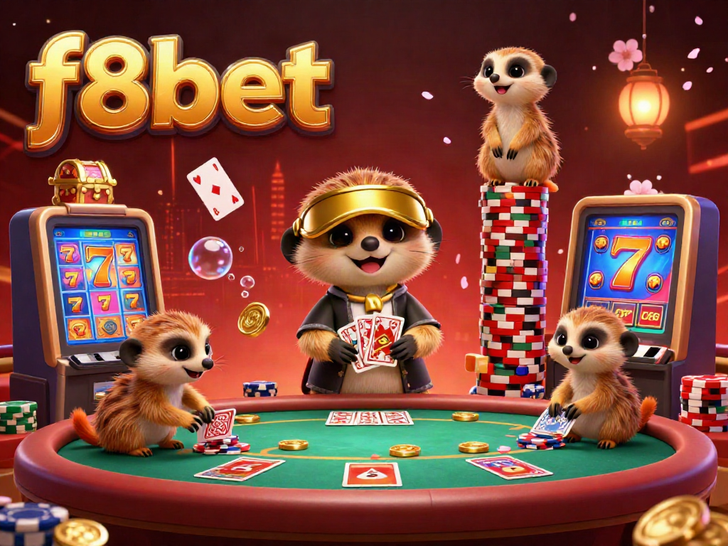 Engage with f8bet's vibrant casino experience featuring playful meerkats managing games.