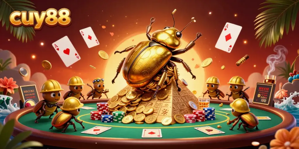 Join the fun at cuy88 with lively beetles rolling gold coins at a vibrant casino scene.