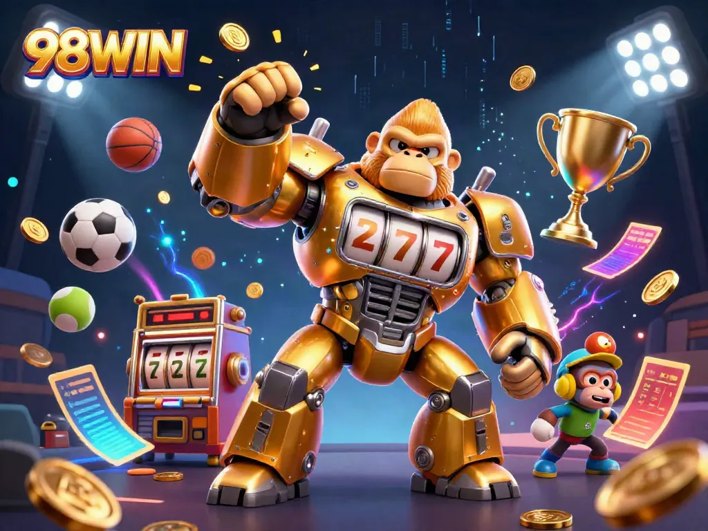 Experience the excitement of 98WIN with a vibrant 3D illustration of a gorilla mech and sports elements.