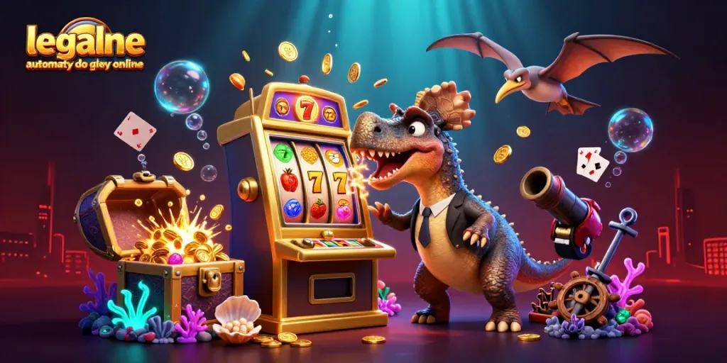 Experience the excitement of legalne automaty do gier online with a dynamic scene featuring cartoon dinosaurs at a slot machine.
