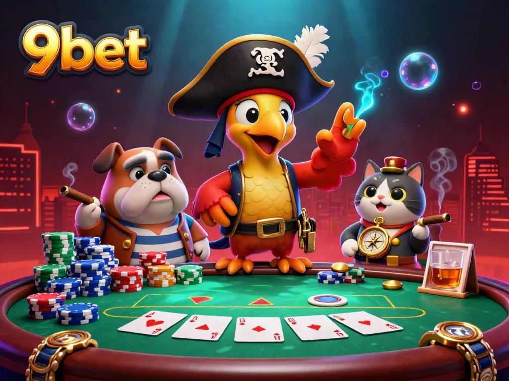 Experience thrilling poker with 9bet in a vibrant 3D casino scene featuring rich elements.