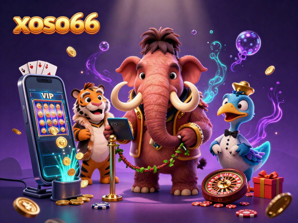 Experience the excitement of xoso66 with a vibrant casino scene featuring cartoon characters and dynamic gaming elements.