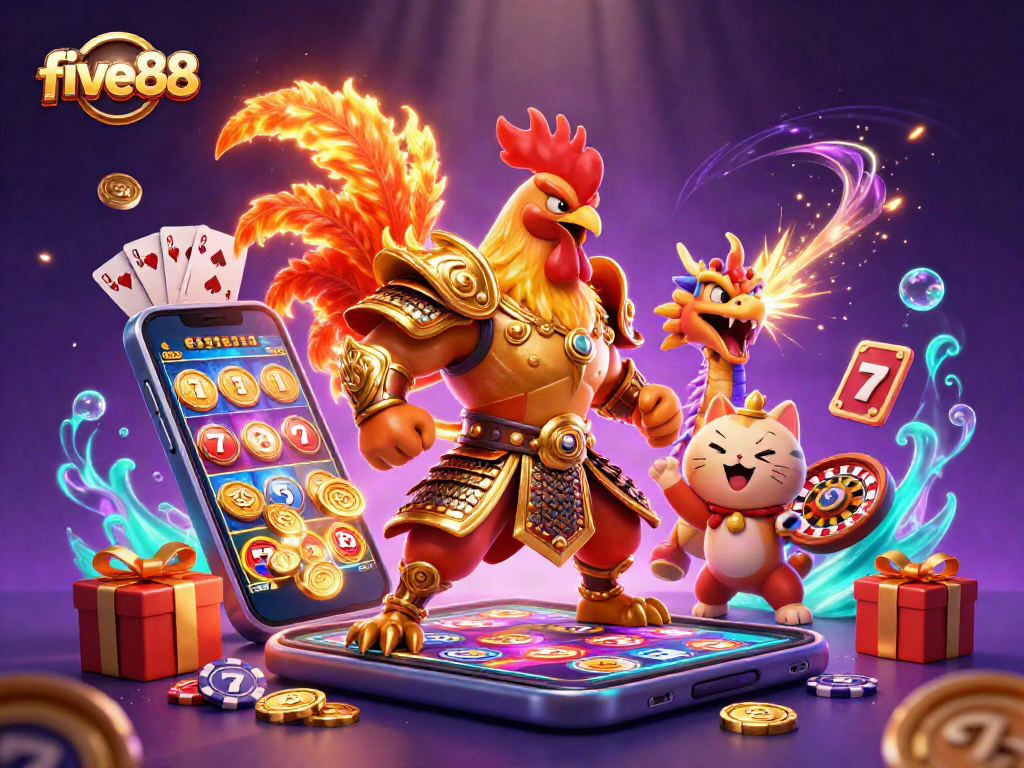 Experience five88 with a dazzling scene of a fighting rooster, dragon, and casino games in action.