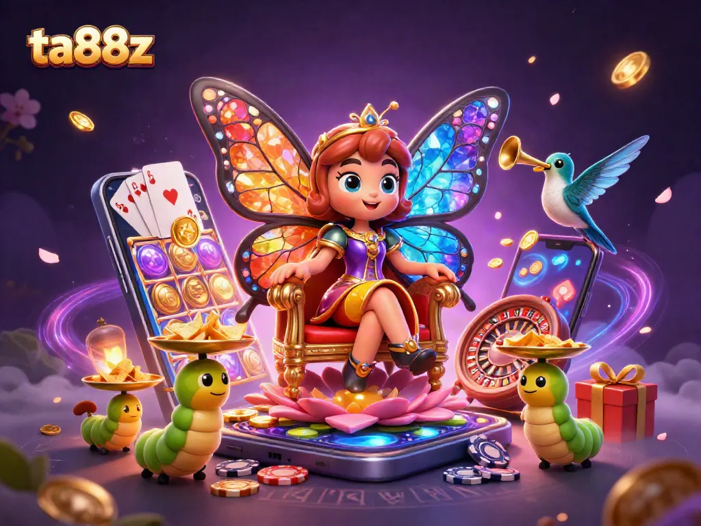 Engage with ta88z's vibrant gaming scene featuring a butterfly queen amidst dynamic casino elements.