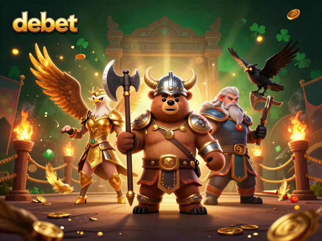 Engage in thrilling gaming at debet with a vibrant scene of a Viking berserker and Valkyrie eagle amidst golden casino elements.
