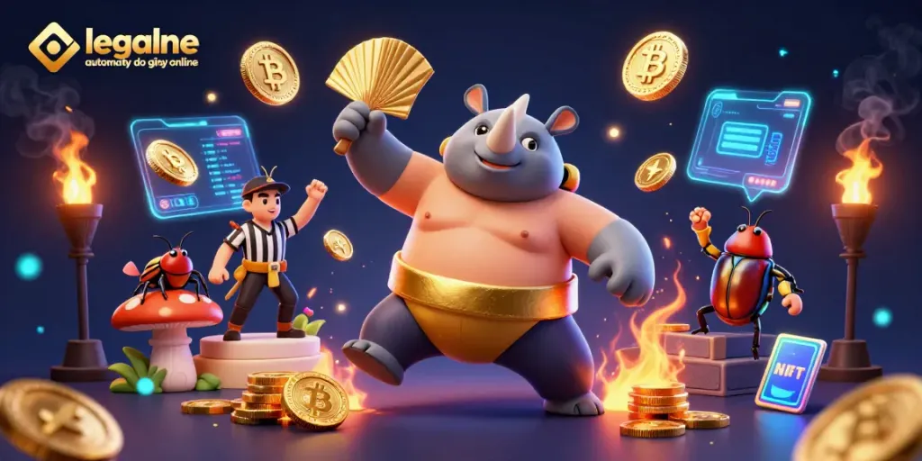 Experience legalne automaty do gier online with a lively sumo beetle competition amid cryptocurrency elements.