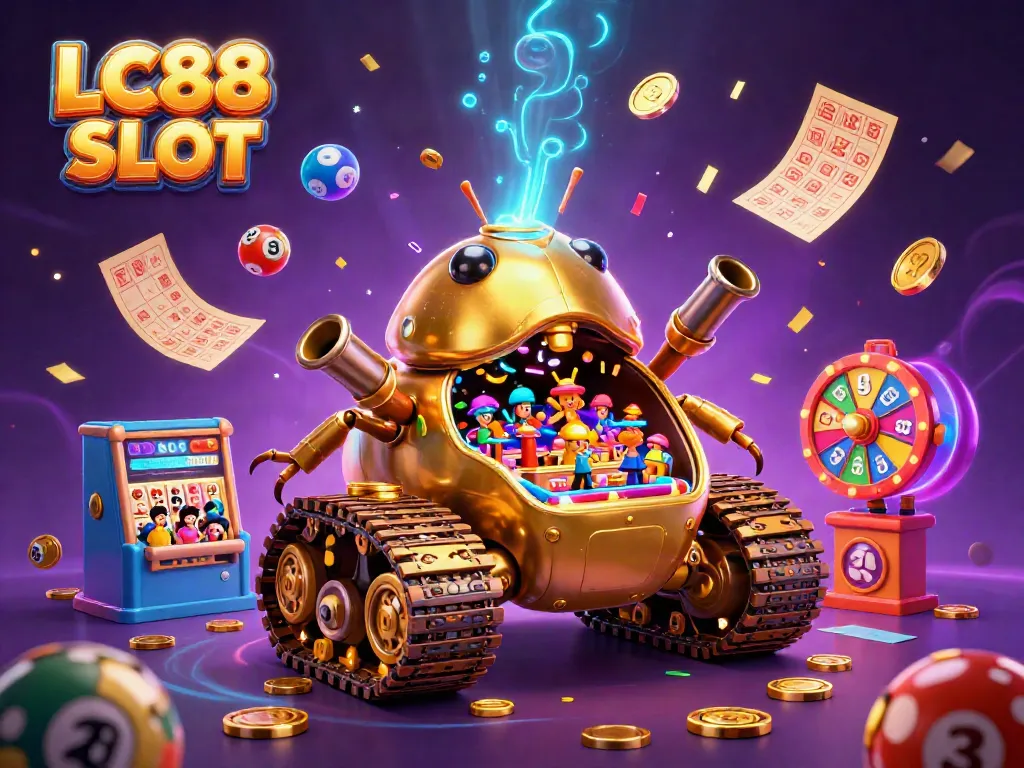 Experience the fun of LC88 SLOT with a cartoon golden beetle tank revealing a casino, surrounded by vibrant game elements.