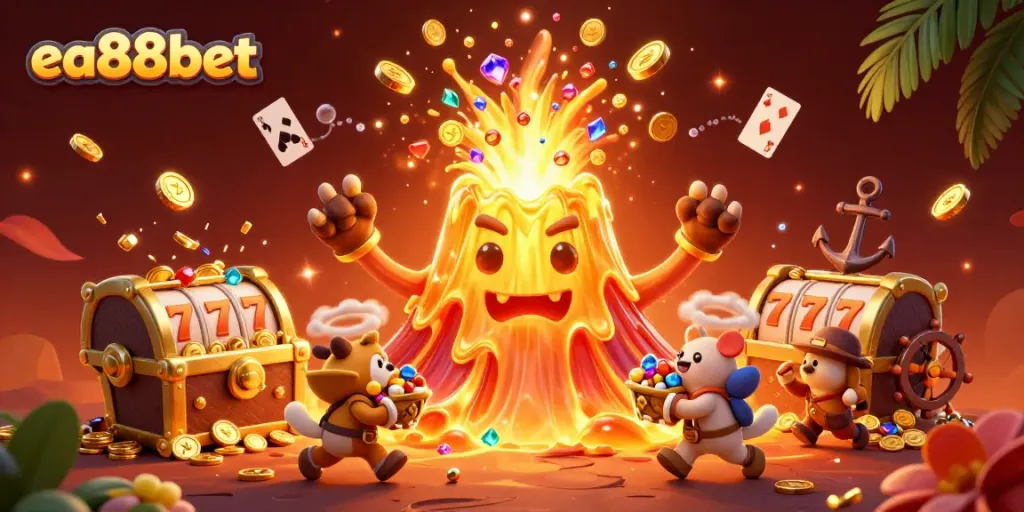 Engage in thrilling gaming at ea88bet with a vibrant 3D illustration of a golden volcano and treasure.