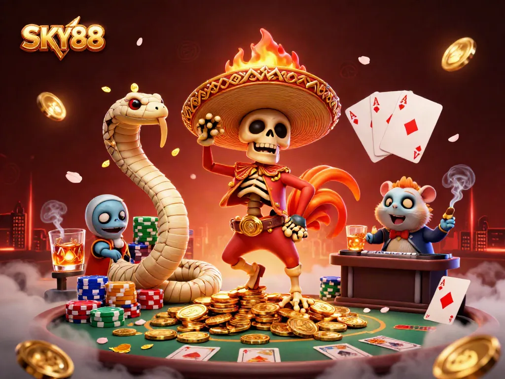 Experience thrilling wins at SKY88 with a vibrant casino-inspired 3D illustration.