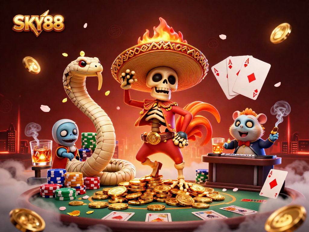 Experience thrilling wins at SKY88 with a vibrant casino-inspired 3D illustration.