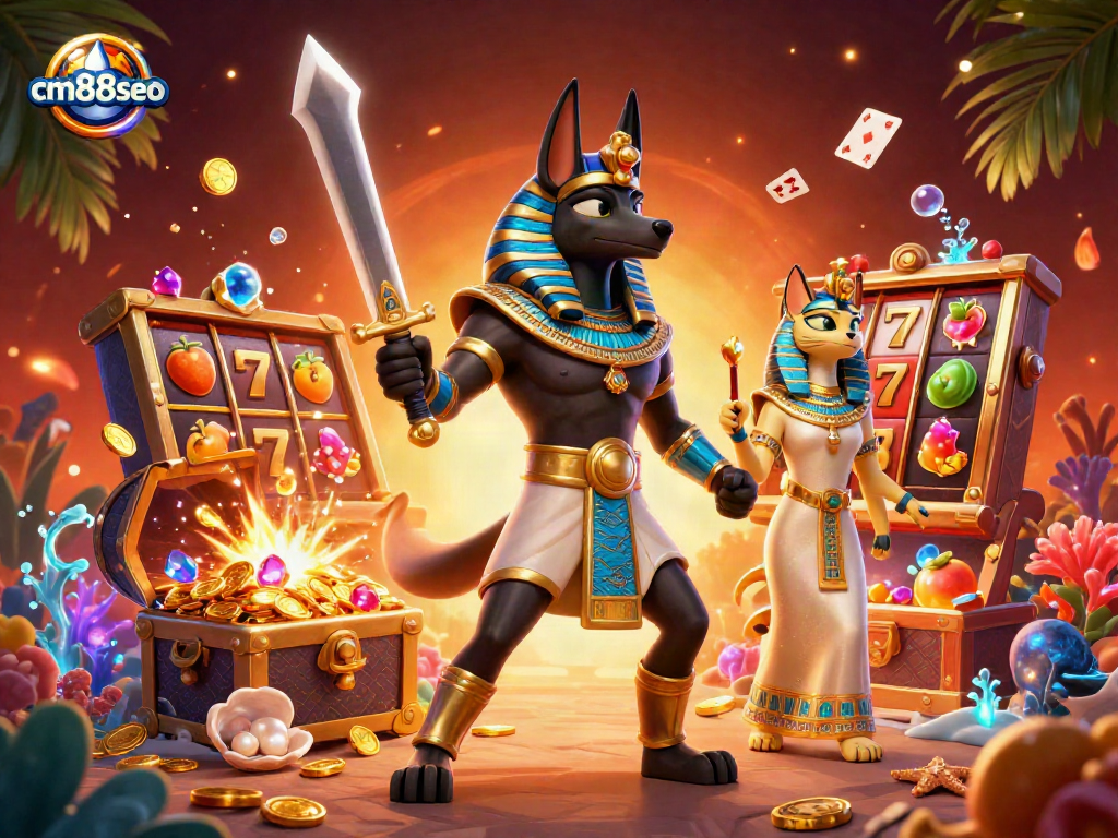 Spin and win at cm88seo with vibrant slot reels and ancient Egyptian warriors, perfect for online casino excitement.