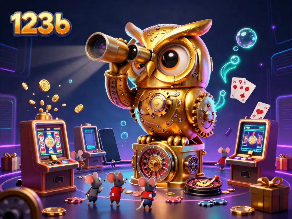 Experience thrilling gameplay with 123 b in a vibrant, engaging casino scene filled with a golden owl and animated patrons.