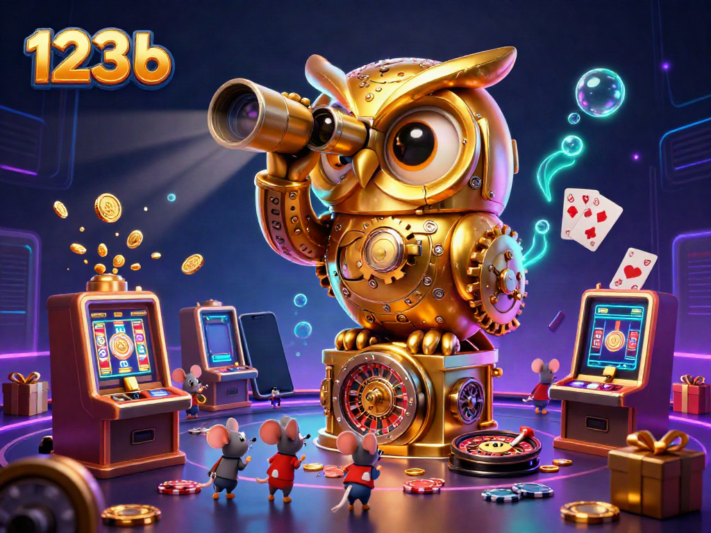 Experience thrilling gameplay with 123 b in a vibrant, engaging casino scene filled with a golden owl and animated patrons.