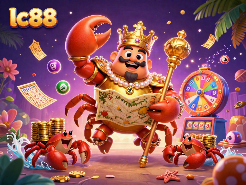 Engage with lc88's vibrant lottery scene featuring a golden crab emperor surrounded by rich casino elements.