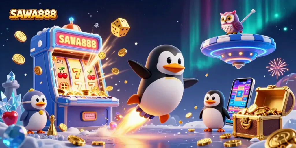 SAWA888 engaging players with a golden penguin and jackpot treasures in a vibrant casino scene.