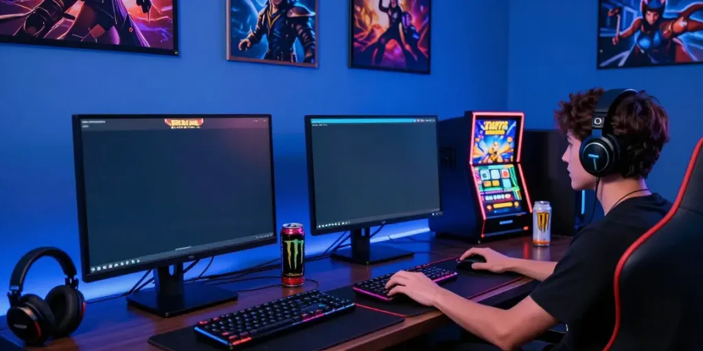 Player enjoying slot games on a situs gacor platform with vibrant graphics and gaming setup.