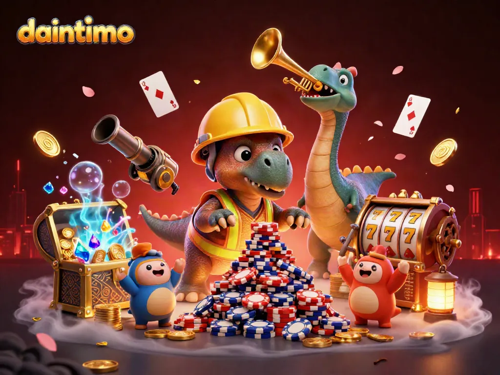 Gambarkan permainan kasino dengan daintimo, triceratops membangun tumpukan chip poker di tengah kemeriahan.
