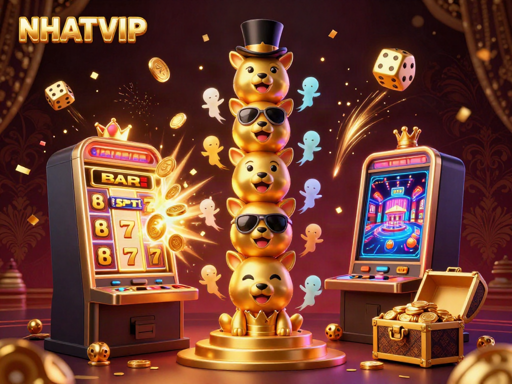 NhatVIP's exciting casino experience with a vibrant totem pole and jackpot burst elements.