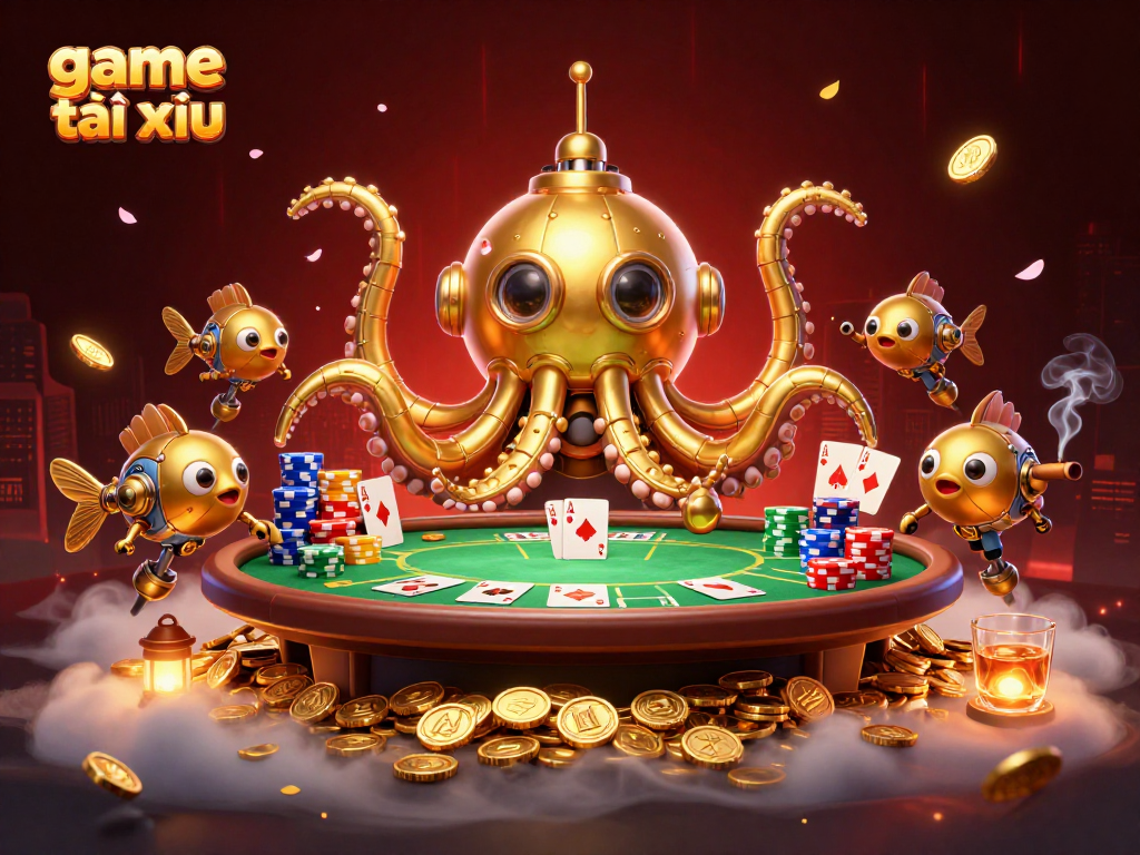 Experience the thrill of game tài xỉu with an illustrated scene of grandeur, golden coins, and strategic poker game elements.