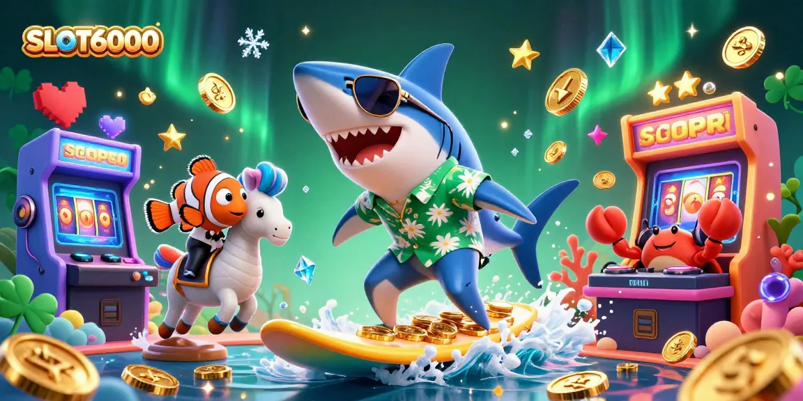 SLOT6000's vibrant gaming celebration features a hammer-head shark surfing on gold coins amid slot elements.