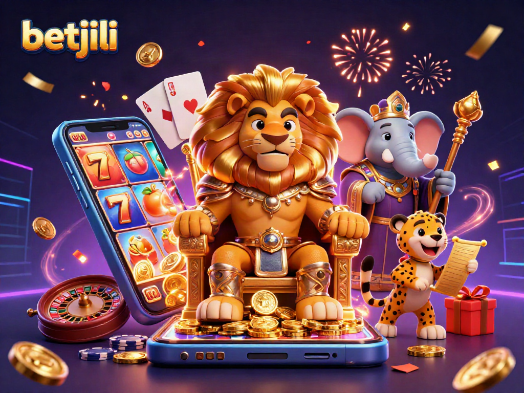 Experience the thrill at betjili with a vibrant 3D casino scene featuring a lion king and games