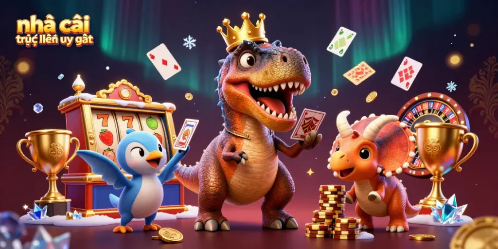 Engage with nhà cái trực tuyến uy tín in a vibrant and dynamic 3D playful casino scene featuring friendly dinosaurs.