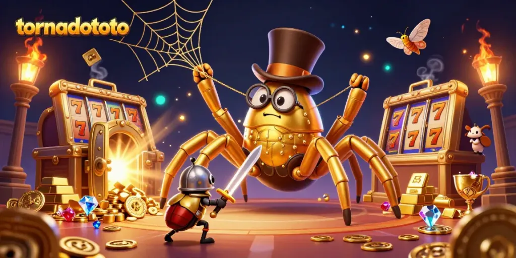 Experience the thrill of tornadototo with a golden tarantula and beetle knight amidst dazzling casino elements.