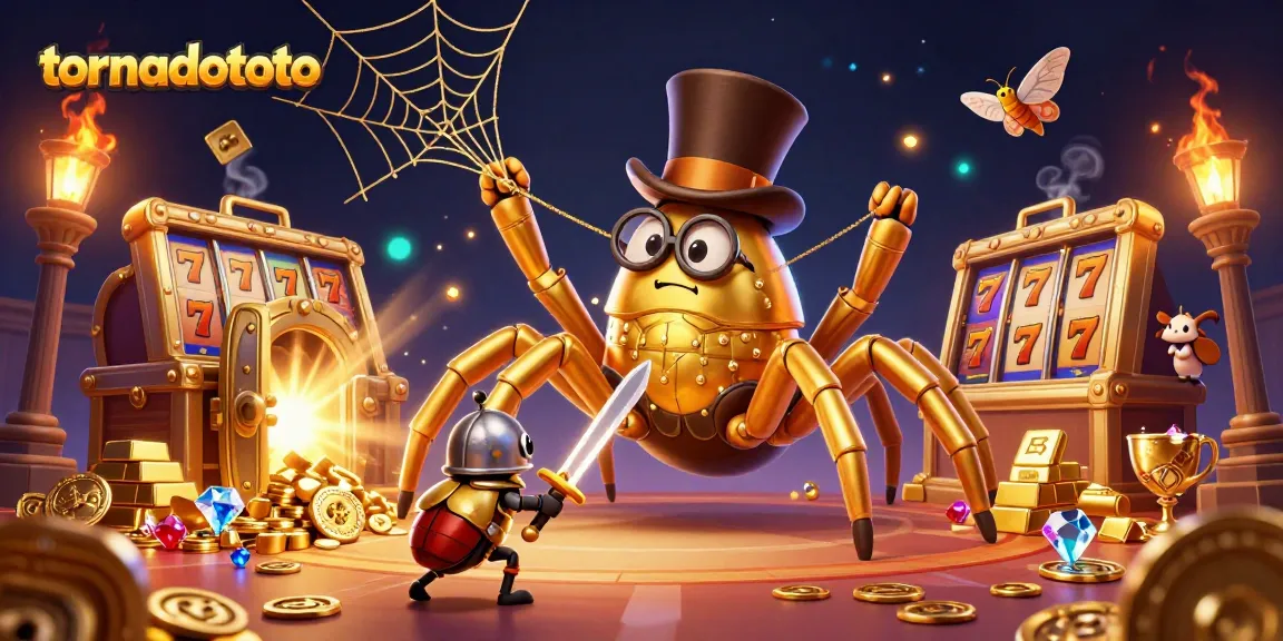 Experience the thrill of tornadototo with a golden tarantula and beetle knight amidst dazzling casino elements.
