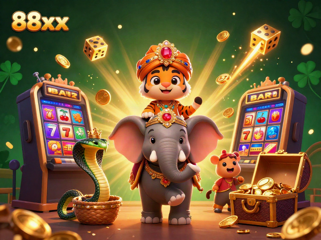 Experience thrilling gaming adventures at 88xx with a vibrant 3D casino scene featuring a majestic tiger and elephant.