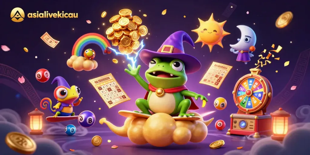Experience the excitement at asialivekicau with vibrant gaming elements surrounding a wizard frog and chameleon.