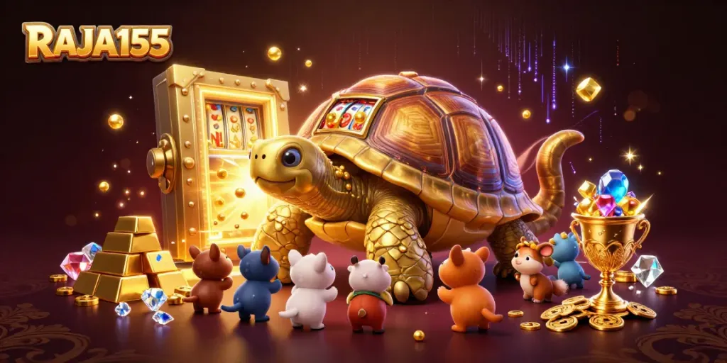 Experience big wins with RAJA155 slot machine featuring a colossal tortoise and exciting treasures.