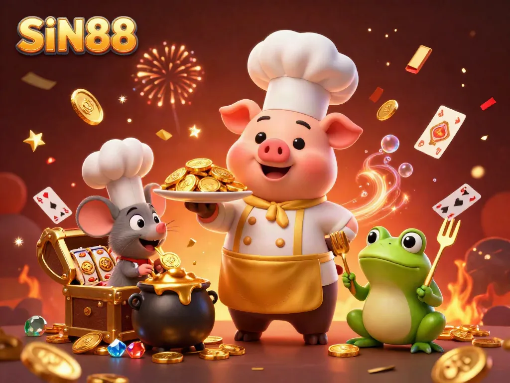 SIN88 reveals a treasure of golden coins while a chef pig, mouse, and frog critiqued the feast.