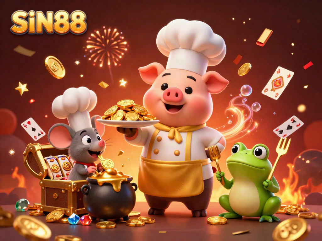 SIN88 reveals a treasure of golden coins while a chef pig, mouse, and frog critiqued the feast.