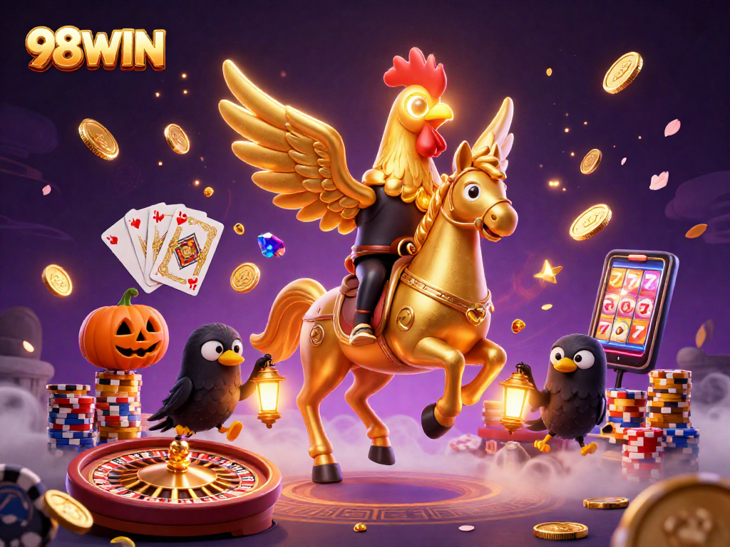 Experience exhilarating wins with 98WIN in this dynamic casino scene filled with golden coins and excitement.