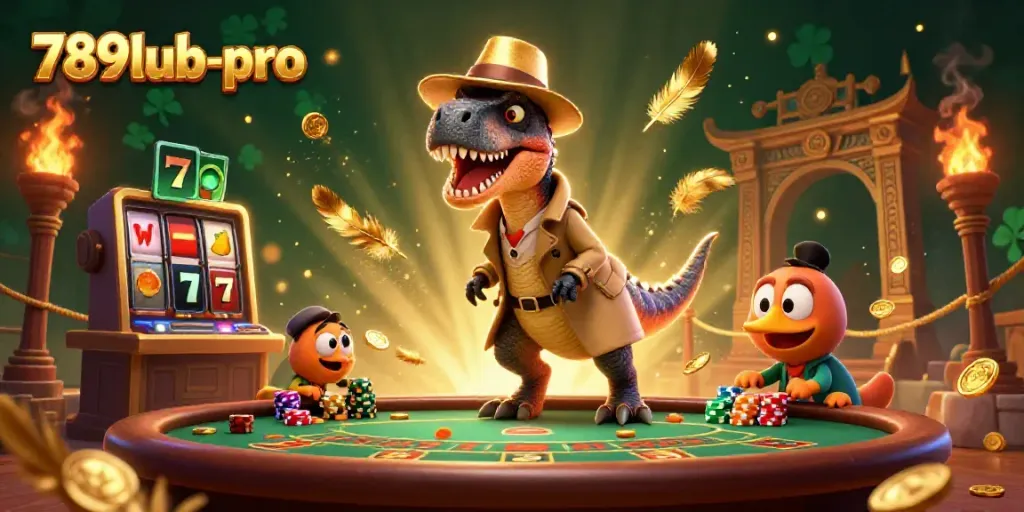 Experience thrilling action at 789lub-pro with a velociraptor card counter and stegosaurus pit boss in a vibrant online casino scene.