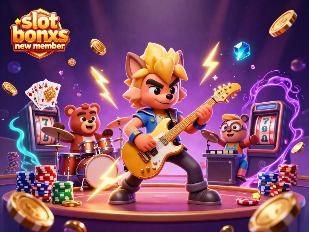 Engage with the slot bonus new member promotion, featuring exciting 3D casino characters, dynamic coins, and vibrant colors.