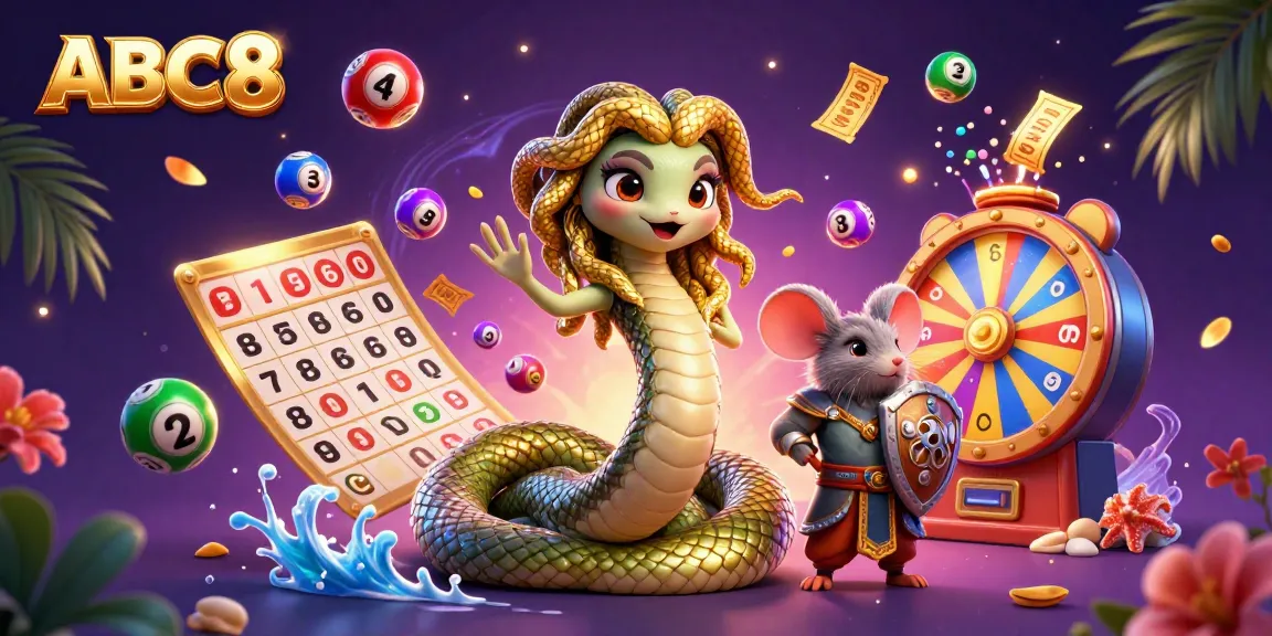 Experience fun with ABC8's thrilling online gaming elements surrounded by Medusa and dynamic lottery balls.