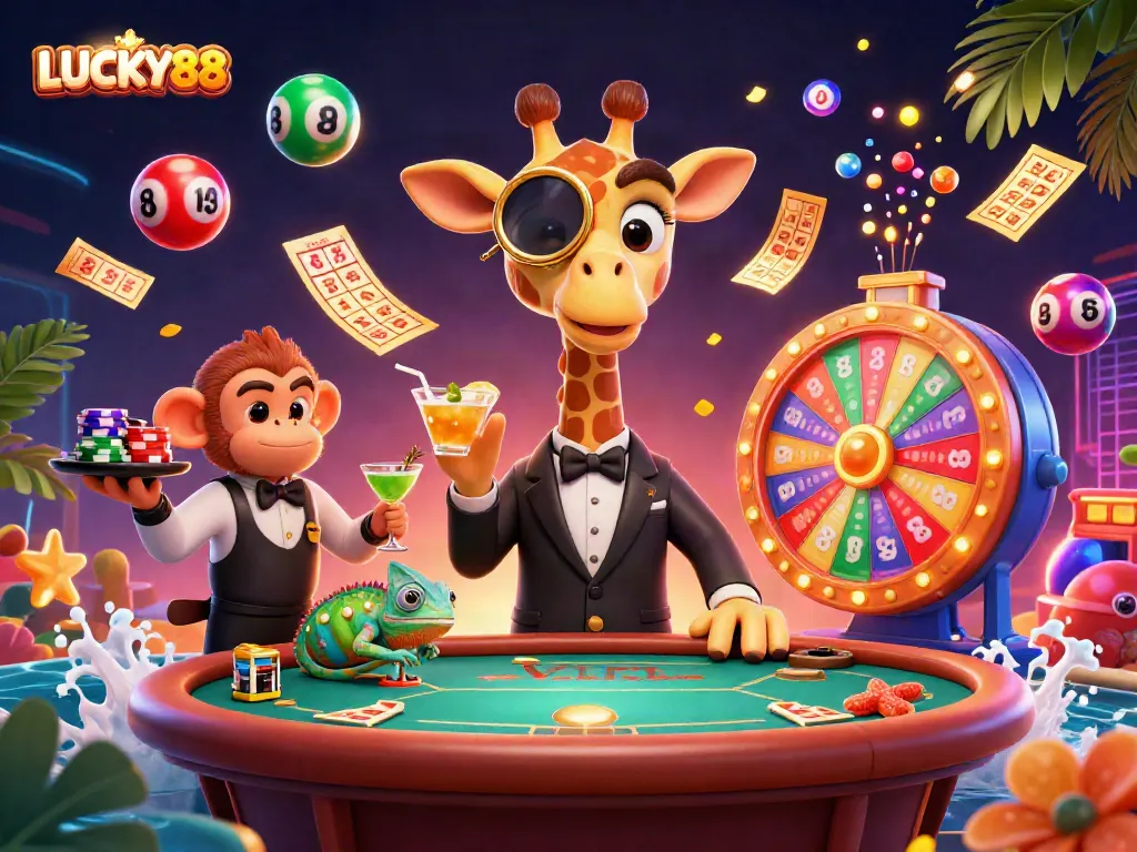 Engage in LUCKY88 with a vibrant 3D illustration showcasing dynamic casino action.
