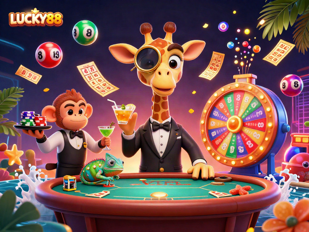 Engage in LUCKY88 with a vibrant 3D illustration showcasing dynamic casino action.