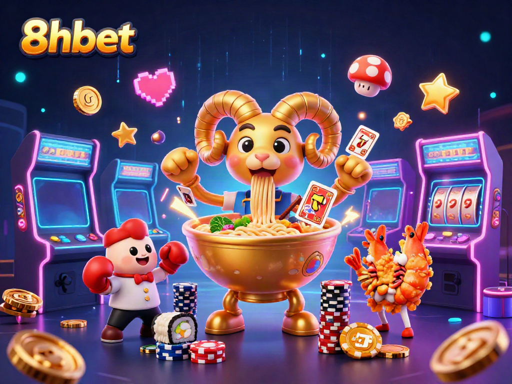 Exciting 8xbet casino scene with colorful characters, slot game elements, and vibrant lighting.