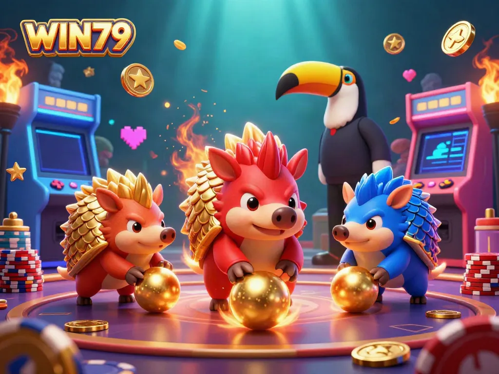Compete in WIN79's vibrant casino with animated pangolins rolling poker chips.