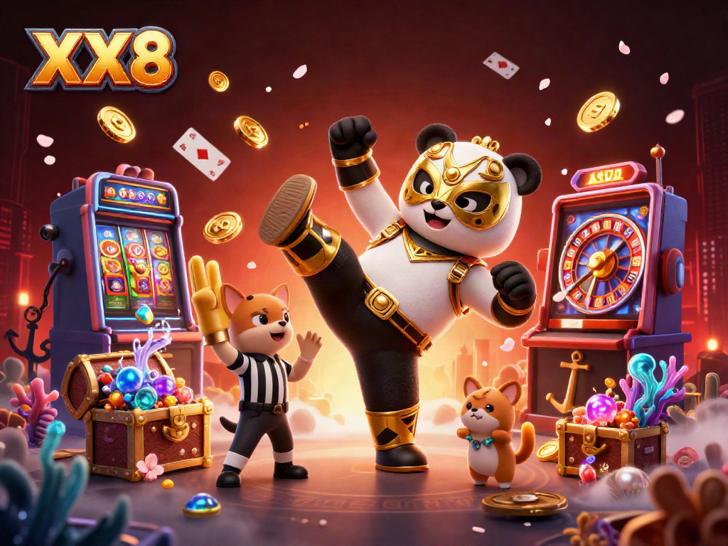 Join the excitement of XX8 with a vibrant casino scene showcasing a panda wrestler and animal spectators.